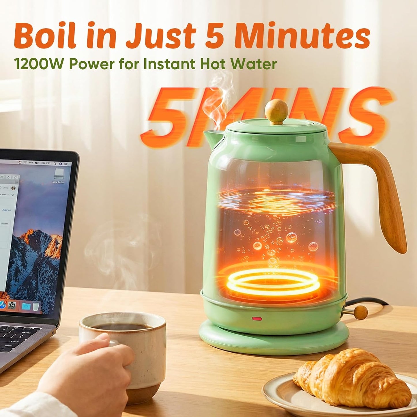 Seehot® Electric Kettle With Thermometer, 1.7L Electric Tea Kettle, 1200W Hot Water Kettle Electric, Auto Shutoff, Boil-Dry Protection, 304 Stainless Steel, Cordless Base, Black