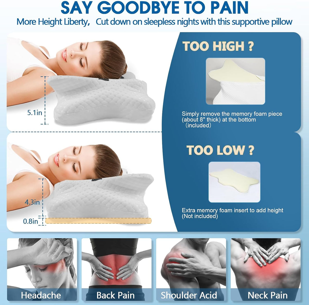 CHxxy Cervical Neck Pillow for Pain Relief Sleeping, Memory Foam Pillows