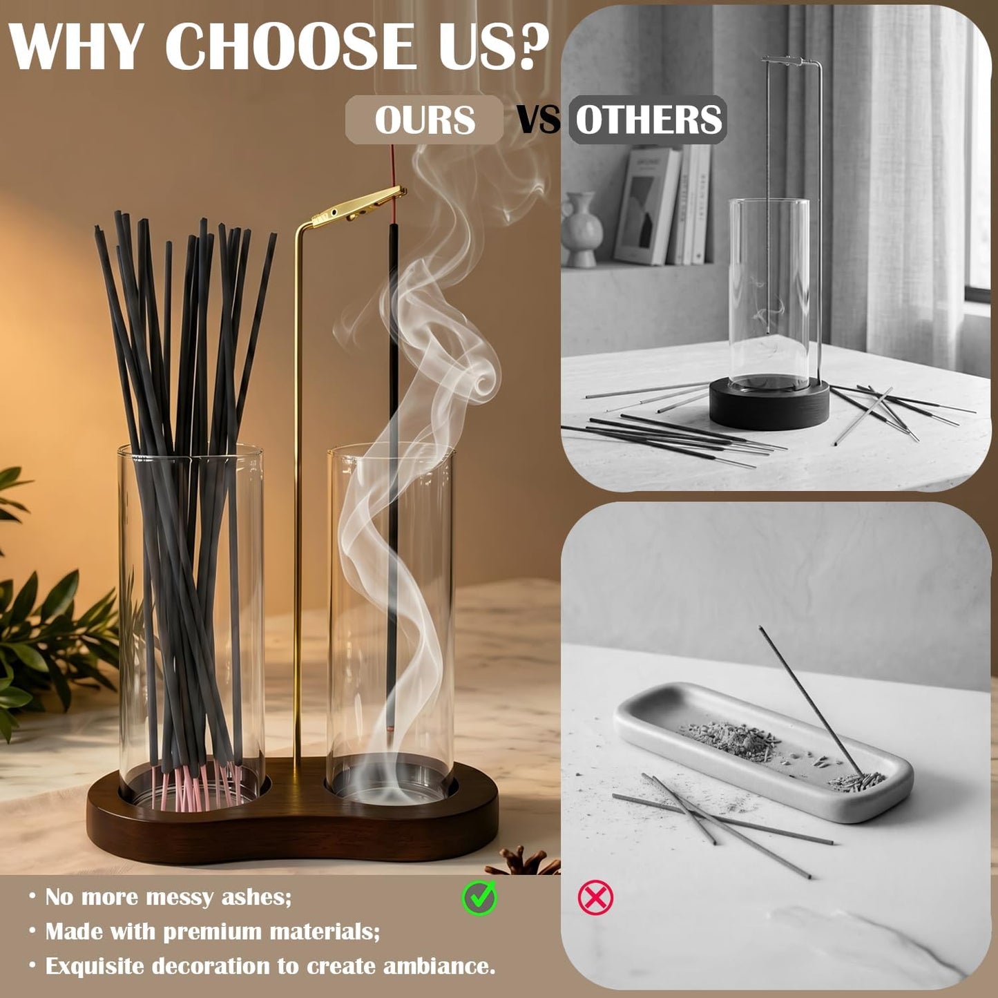 2 in 1 Anti-Ash Incense Holder for Sticks, Upside Down Hanging Incense Burner with Removable Glass Ash Catcher and Wooden Base, Modern Vertical Zen Decor for Home Office Yoga Meditation Room（Clear）