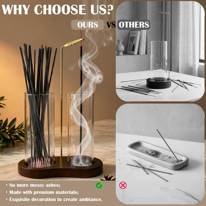 2 in 1 Anti-Ash Incense Holder for Sticks, Upside Down Hanging Incense Burner with Removable Glass Ash Catcher and Wooden Base, Modern Vertical Zen Decor for Home Office Yoga Meditation Room（Clear）