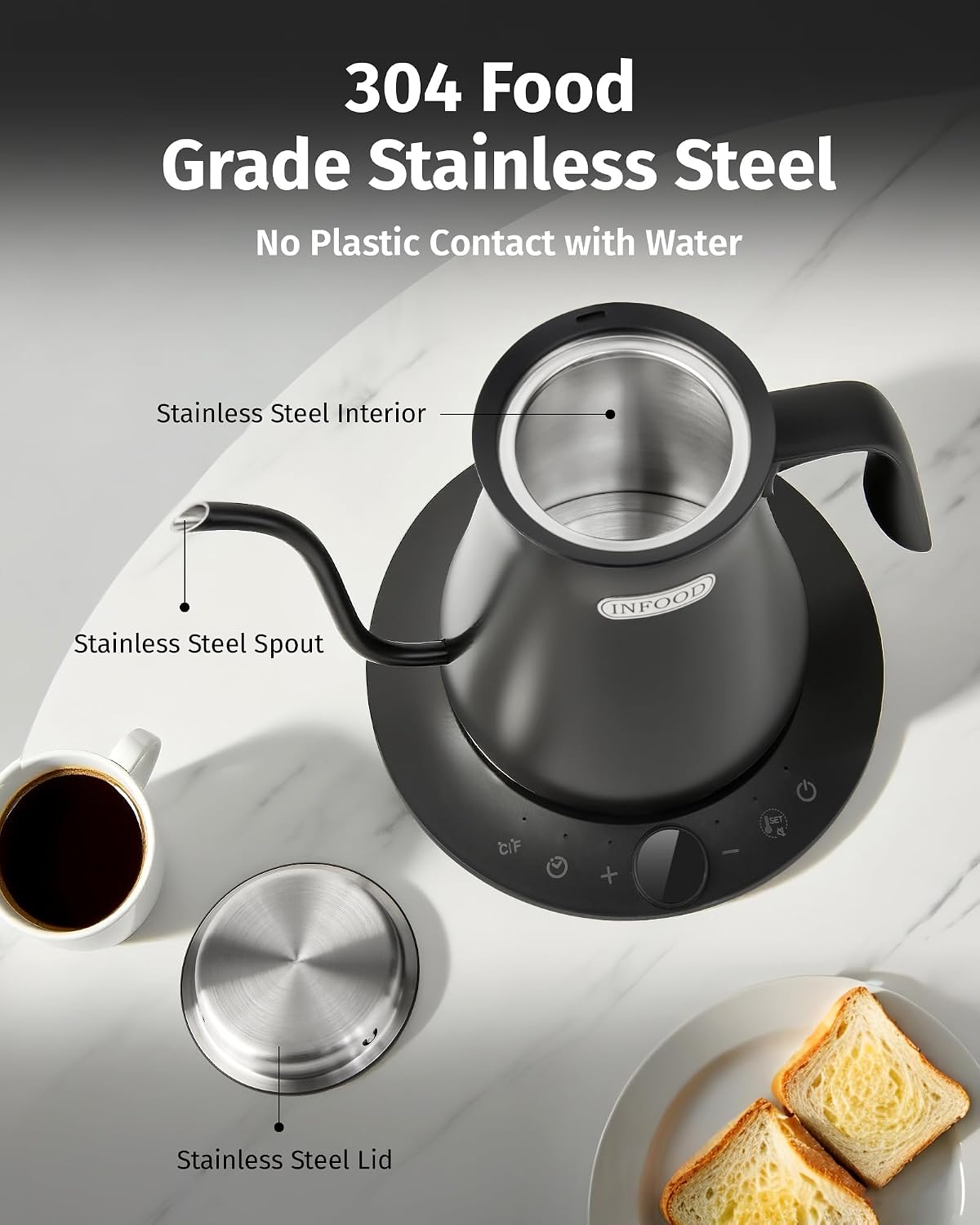 INFOOD 0.8L Gooseneck Electric Kettle, Precise Temperature Control for Pour Over Coffee & Tea, 1200W Fast Boiling Water, Auto Shut Off, Scheduling, Stainless Steel, Floral Painted Design