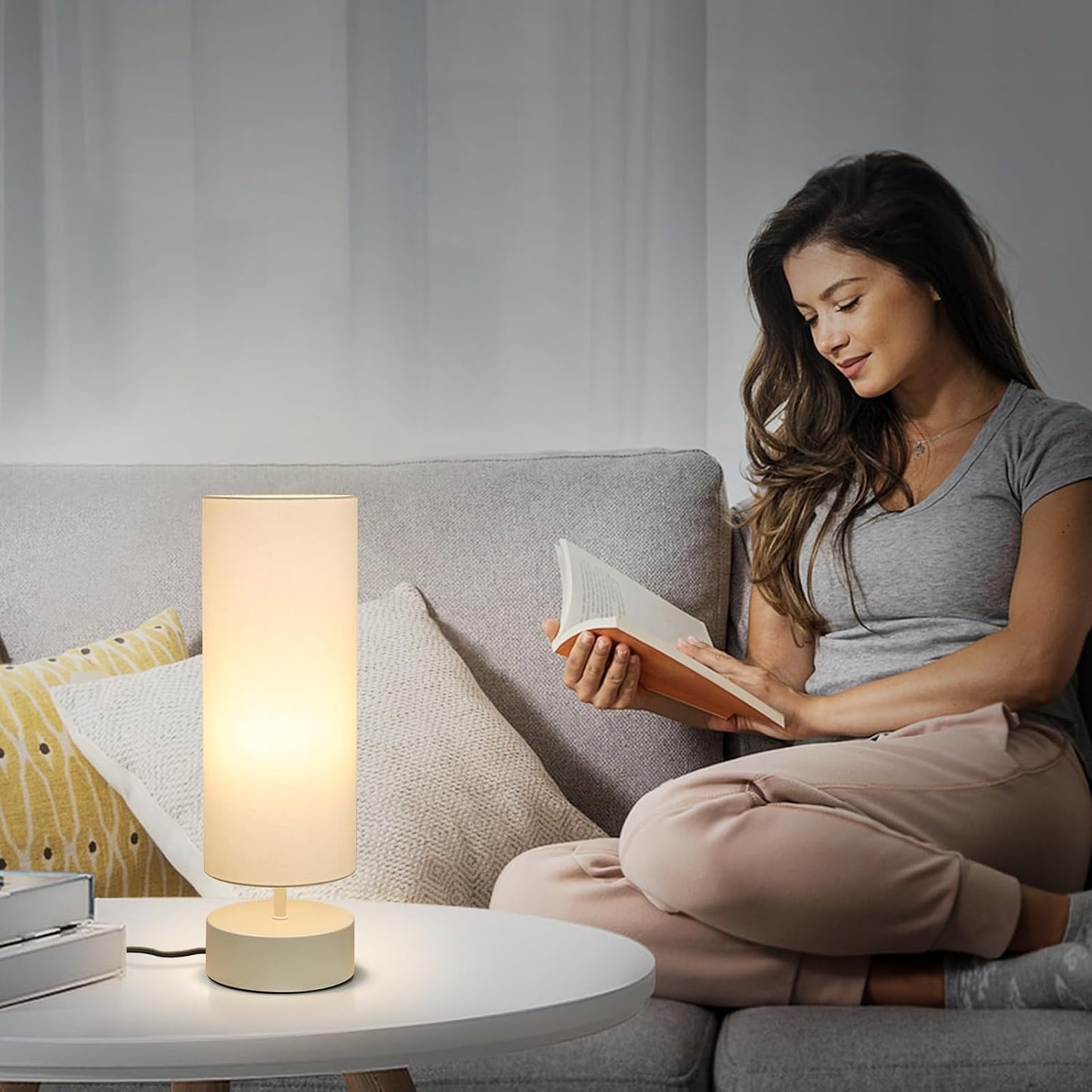 Touch Table Lamp, 3-Way Dimmable Modern Minimalist Accent Bedside Lamp with Cylinder Fabric Shade, Night Light Nightstand Desk Lamp for Bedroom Living Room Kitchen, 9W LED Bulb Included