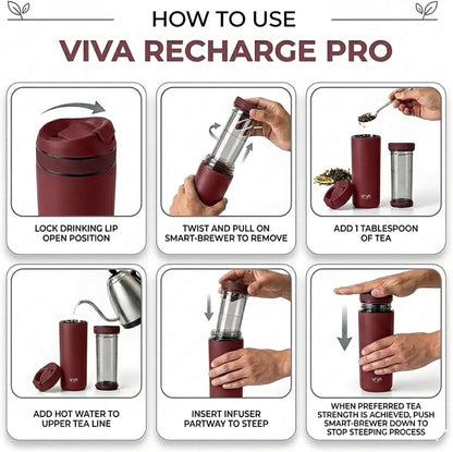 VIVA Recharge Tea Infuser Bottle, 16 oz Insulated Stainless Steel Travel Tea Tumbler with Infuser for Loose Leaf, Hot & Cold Tea & Coffee, Patented Steep Control, Leak-Resistant Lid - Mustard