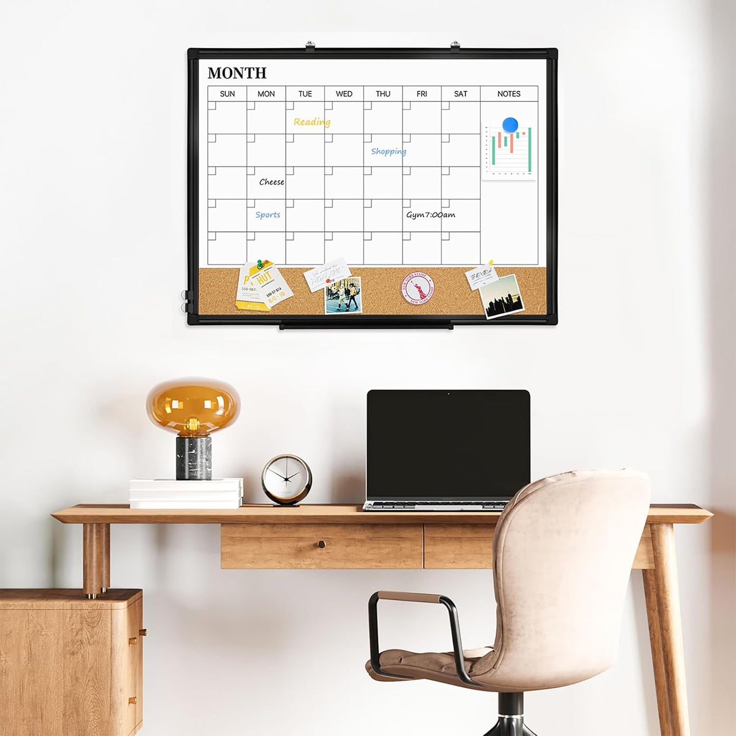Dry Erase Calendar Whiteboard for Wall, 24"x18" Magnetic Monthly White Board Cork Board Combo, Double Sided, Aluminum Frame, Wall Hanging Wipe Board for Home, Office, School, Dorm
