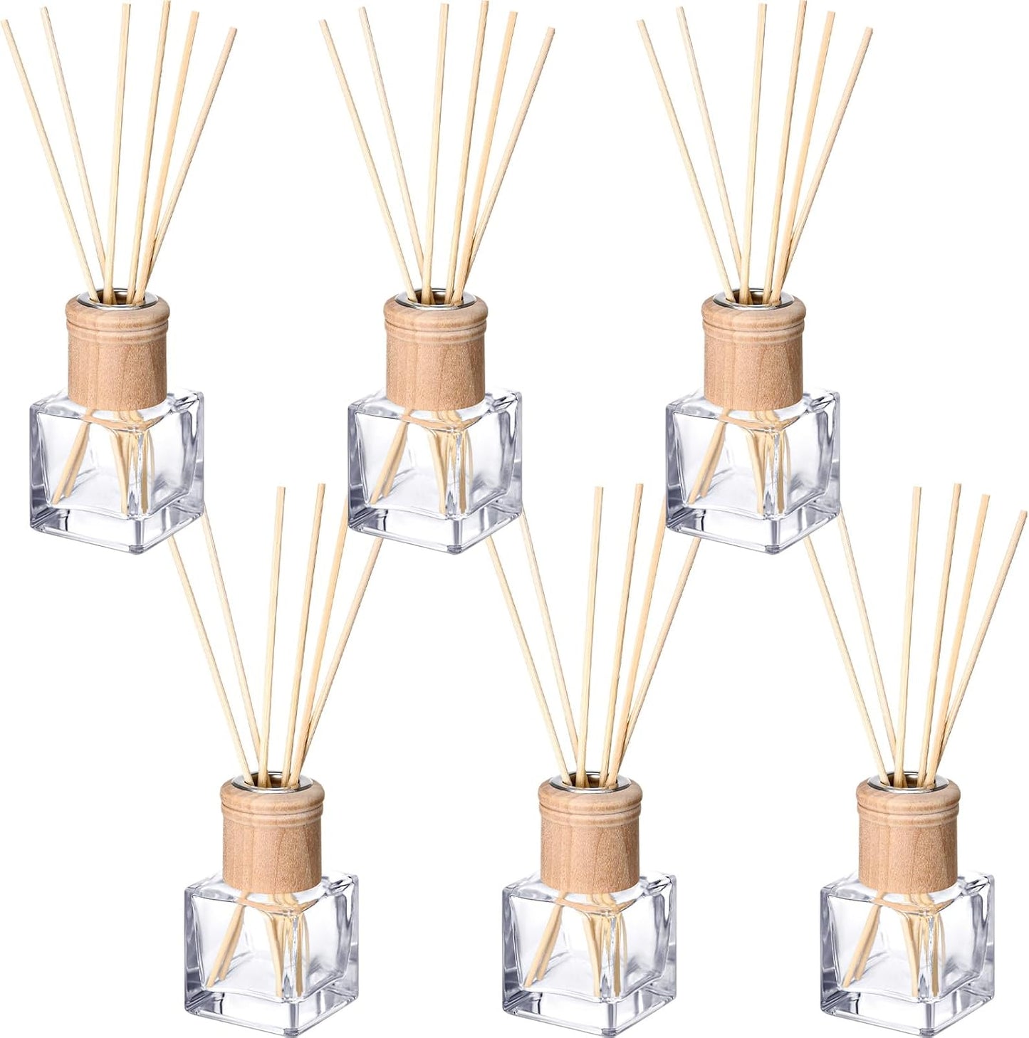 Roshtia 4 Set Reed Diffuser Bottle Empty Refillable Fragrance Glass Diffuser Bottles with Wooden Caps Rattan Sticks 50ml 1.7 oz Glass Jars for DIY Fragrance