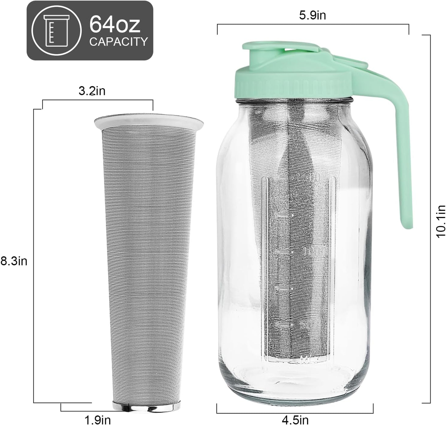 Cold Brew Coffee Maker,64 oz Mason Jar Pitcher with Stainless Steel Filter, Pour Spout Handle Lid, Heavy Duty Glass Airtight & Leak-Proof for Iced Coffee,Tea & Lemonade