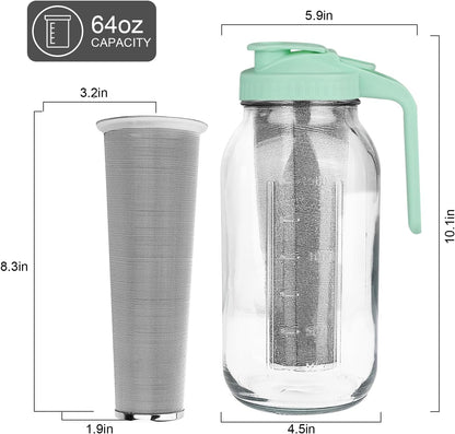 Cold Brew Coffee Maker,64 oz Mason Jar Pitcher with Stainless Steel Filter, Pour Spout Handle Lid, Heavy Duty Glass Airtight & Leak-Proof for Iced Coffee,Tea & Lemonade