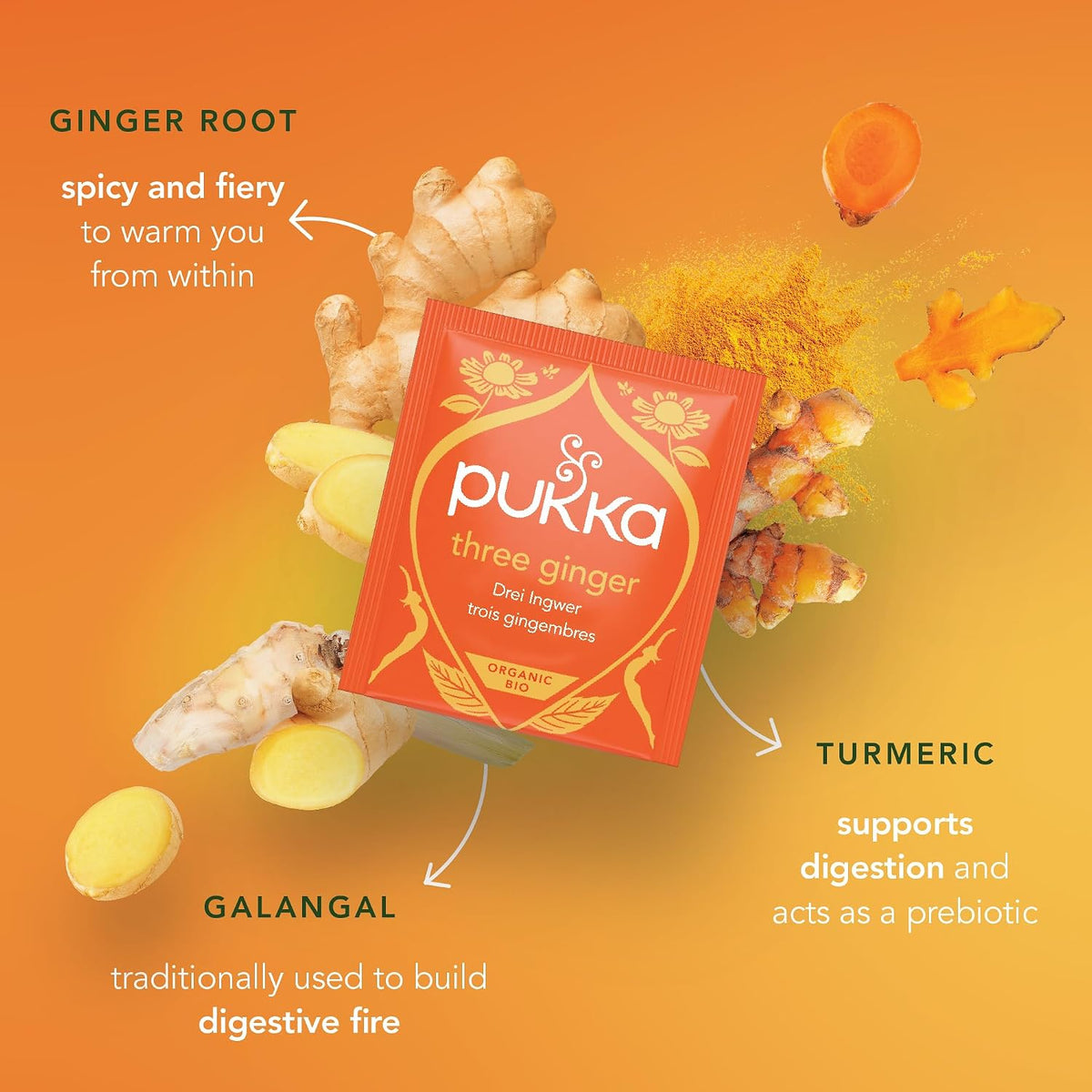 Pukka Three Ginger Organic Herbal Tea Bags 4-Pack Caffeine Free Digestive Wellness Infusion with Turmeric Galangal Licorice for Digestion and Bloating Relief