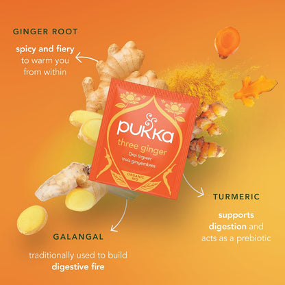 Pukka Three Ginger Organic Herbal Tea Bags 4-Pack Caffeine Free Digestive Wellness Infusion with Turmeric Galangal Licorice for Digestion and Bloating Relief