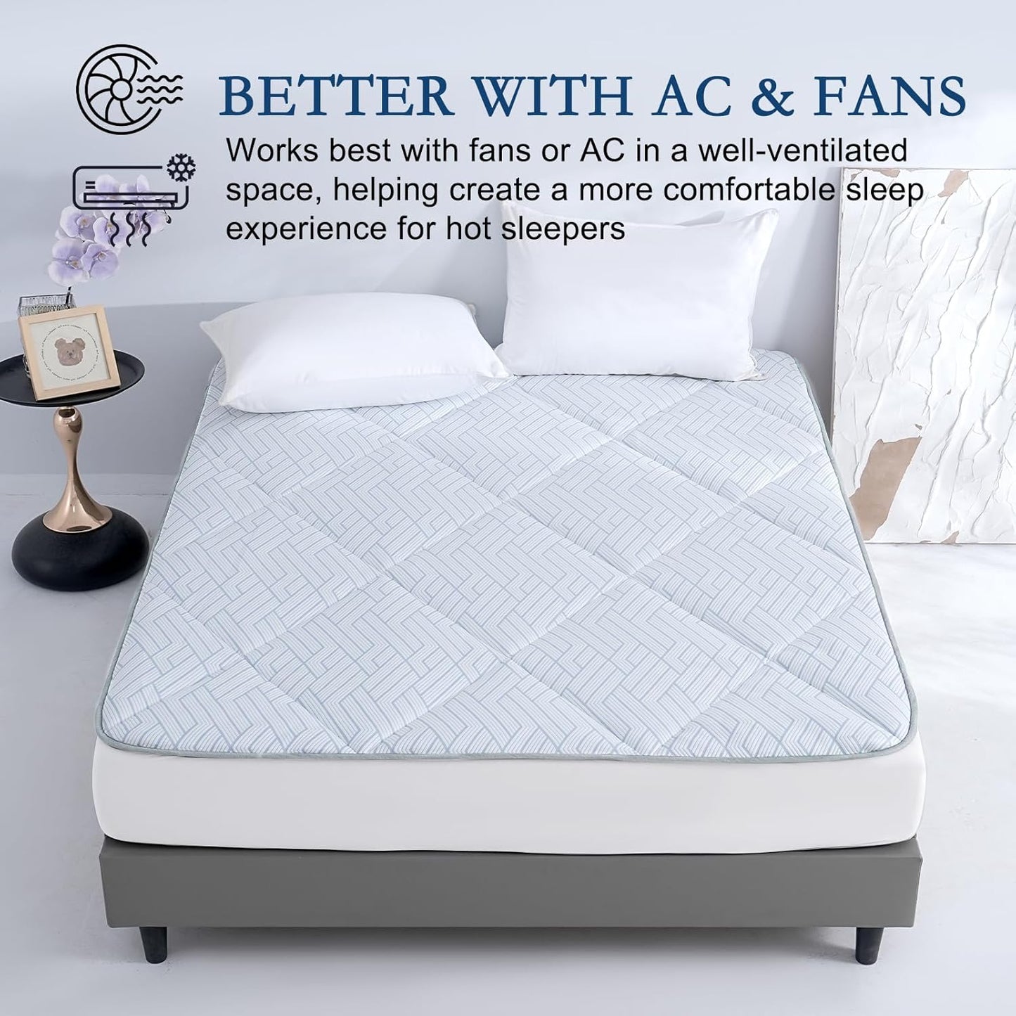 YOUR MOON Cooling Mattress Pad Queen Size for Hot Sleepers, Soft Breathable Noiseless Bed Pad Mattress Cover, Quilted Fitted Pillow Top Mattress Cover with 8"-16" Deep Pocket (Blue White, 60x80)