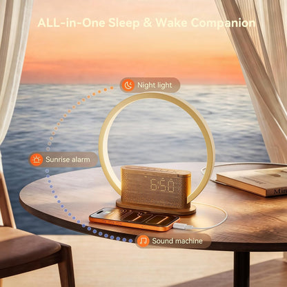 Alarm Clock with Sunrise & Sleep Sound Machine – Natural Wake-Up Light, Dual Alarms & Snooze, 20 Soothing Sounds, Dimmable Clock & Night Light, for Heavy Sleepers & Adults, Deep Wood Grain