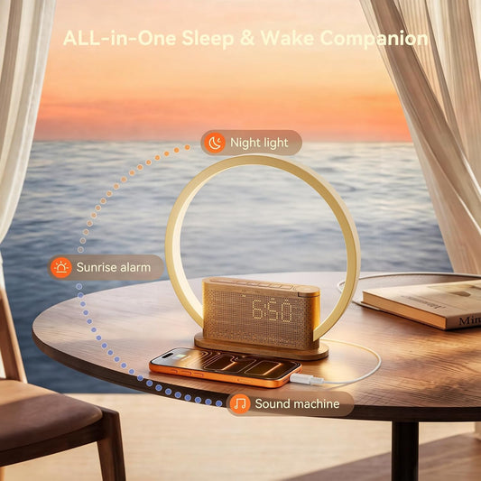 Alarm Clock with Sunrise & Sleep Sound Machine – Natural Wake-Up Light, Dual Alarms & Snooze, 20 Soothing Sounds, Dimmable Clock & Night Light, for Heavy Sleepers & Adults, Deep Wood Grain