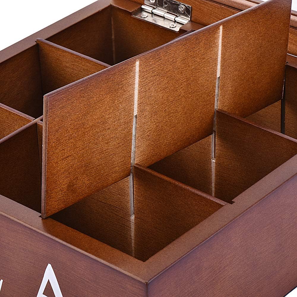 Wood Tea Storage Box, Teabag Storing 9 Compartments Wooden Tea Box Hinged Glass Lid Tea Organizer-Black