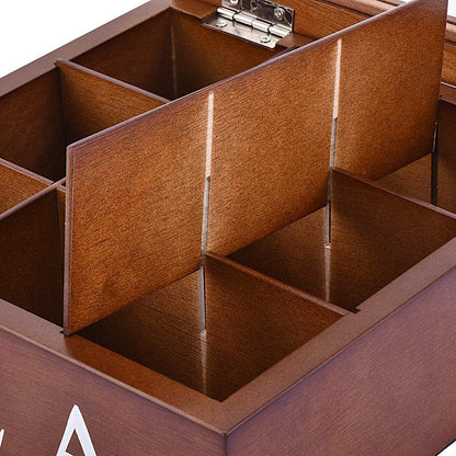 Wood Tea Storage Box, Teabag Storing 9 Compartments Wooden Tea Box Hinged Glass Lid Tea Organizer-Black