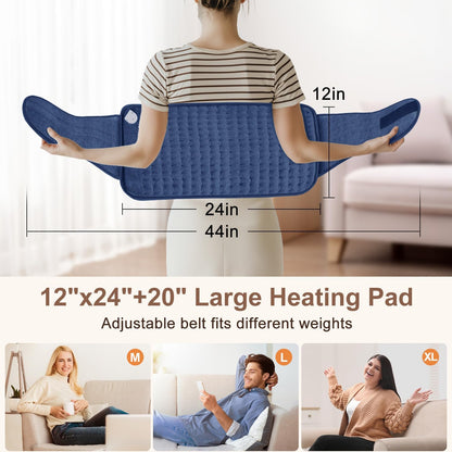 IGXHAVIZ Heating Pad for Back Pain Relief, Electric Heating Pad for Period Cramps Neck Shoulders with Belt, 4 Timer 6 Heat Setting & Auto Shut Off, 12"x24"+20" Large Moist Heat Pad for Mom,Dad