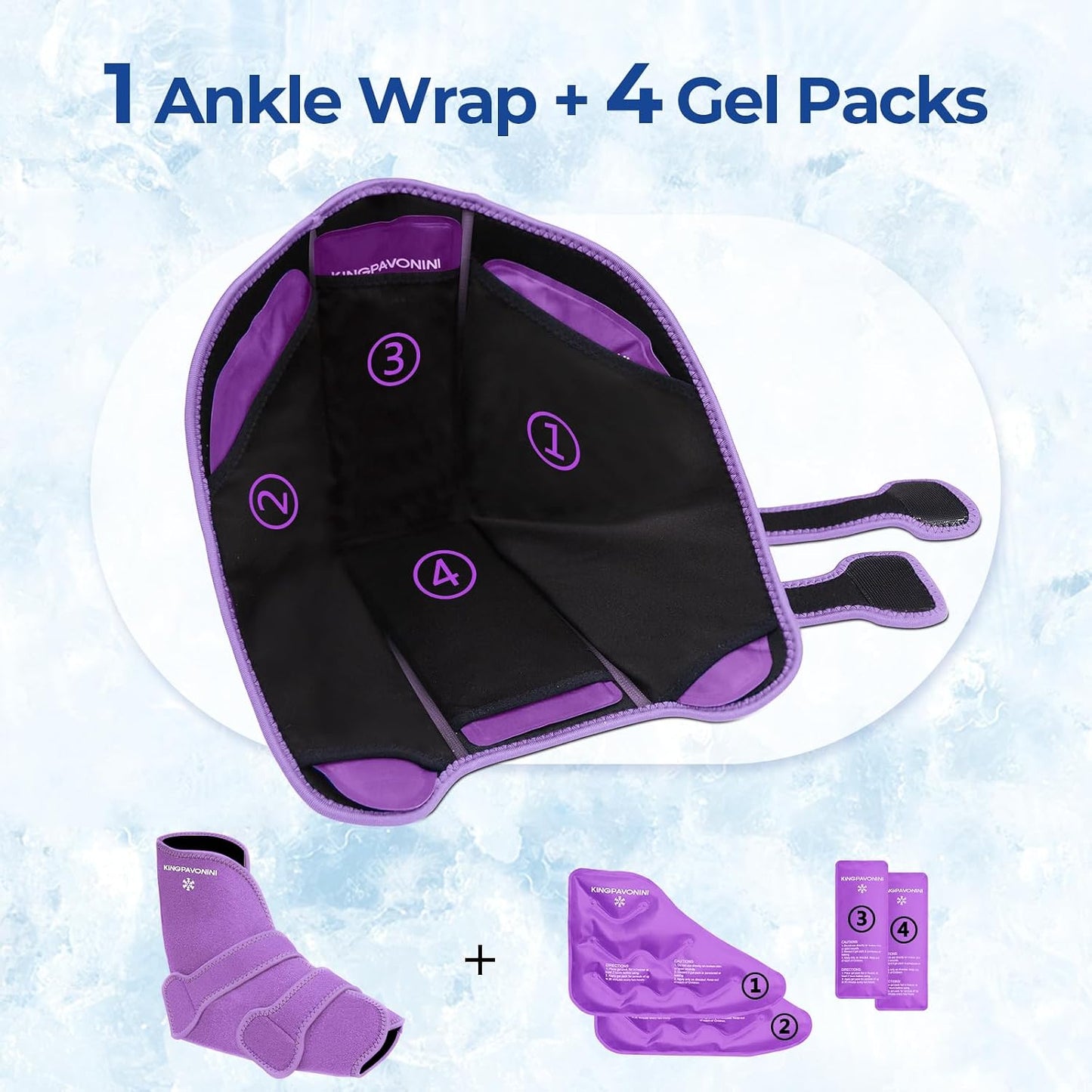KingPavonini Ankle Foot Ice Pack Wrap for Sprained Ankle/Surgery Recovery, Reusable Gel Ice Packs for Feet Injuries, Plantar Fasciitis, Achilles Tendonitis, Hot/Cold Therapy, XL (1 Wrap+4 Gel Packs)