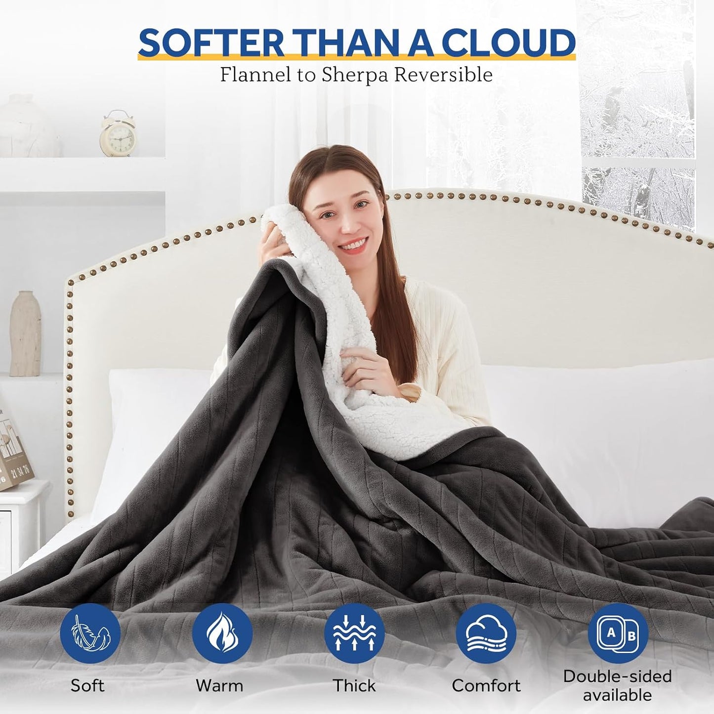 Sealy Heated Blanket Throw with Built-in Button Controller, Reversible Flannel to Sherpa Electric Blanket with 2-10 Hours Auto-Off & 4 Heating Levels, Over-Heat Protection, 50x60 inch, Beige