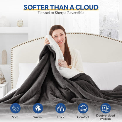 Sealy Heated Blanket Throw with Built-in Button Controller, Reversible Flannel to Sherpa Electric Blanket with 2-10 Hours Auto-Off & 4 Heating Levels, Over-Heat Protection, 50x60 inch, Beige