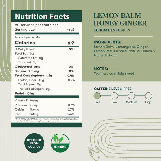 Luxmi Estates Lemon Balm Honey Ginger Herbal Tea | 50 Pyramid Tea Bags (100g, 3.5oz), Caffeine-Free Calming Blend with Lemon Balm, Ginger, Lemongrass, Lemon Peel, & Natural Honey Flavor, Vegan