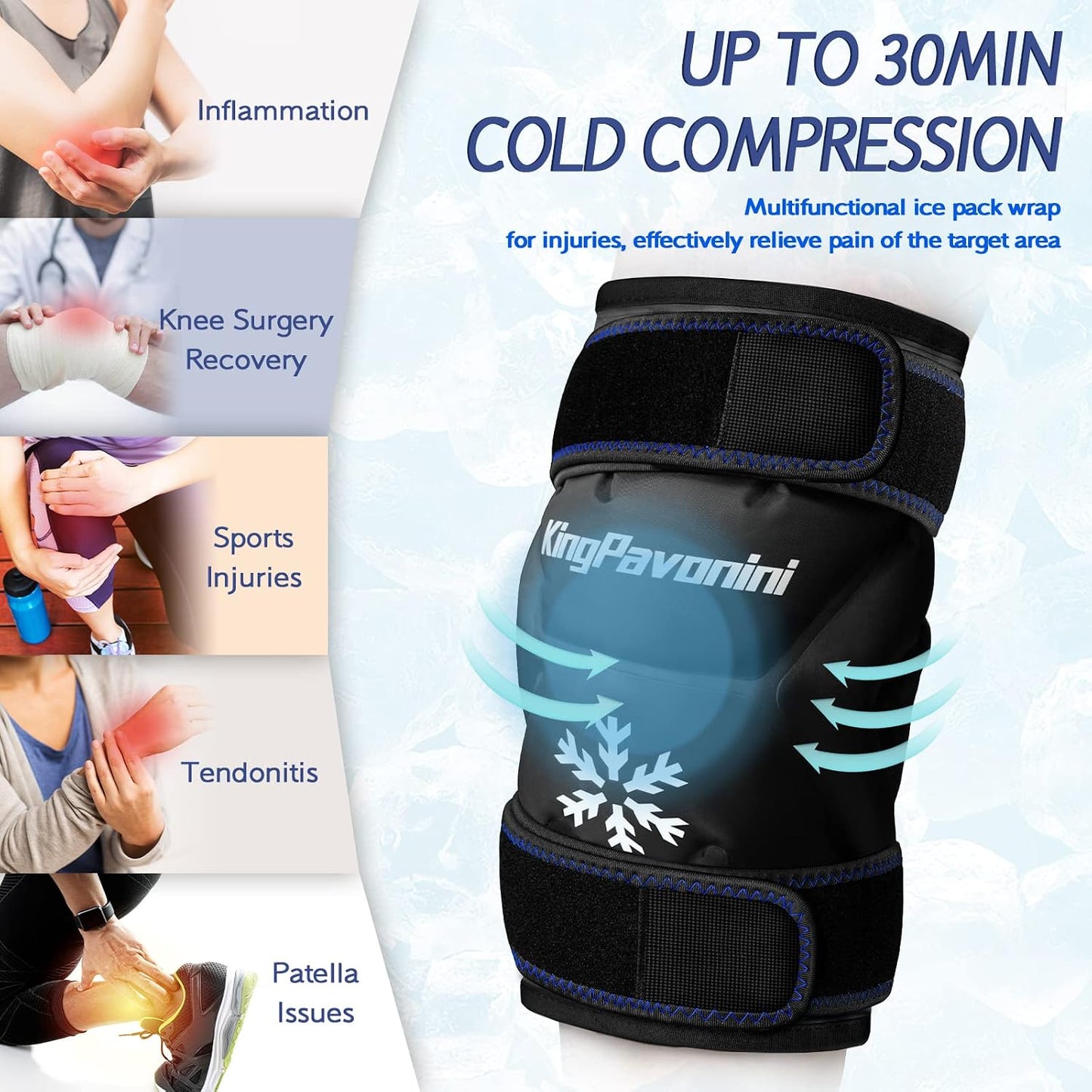 KingPavonini XXL Knee Ice Pack Wrap Around Entire Knee After Surgery, Large Reusable Gel Ice Pack for Injuries, Pain Relief, Swelling, Sports Injuries, 1 Pack (Blue)