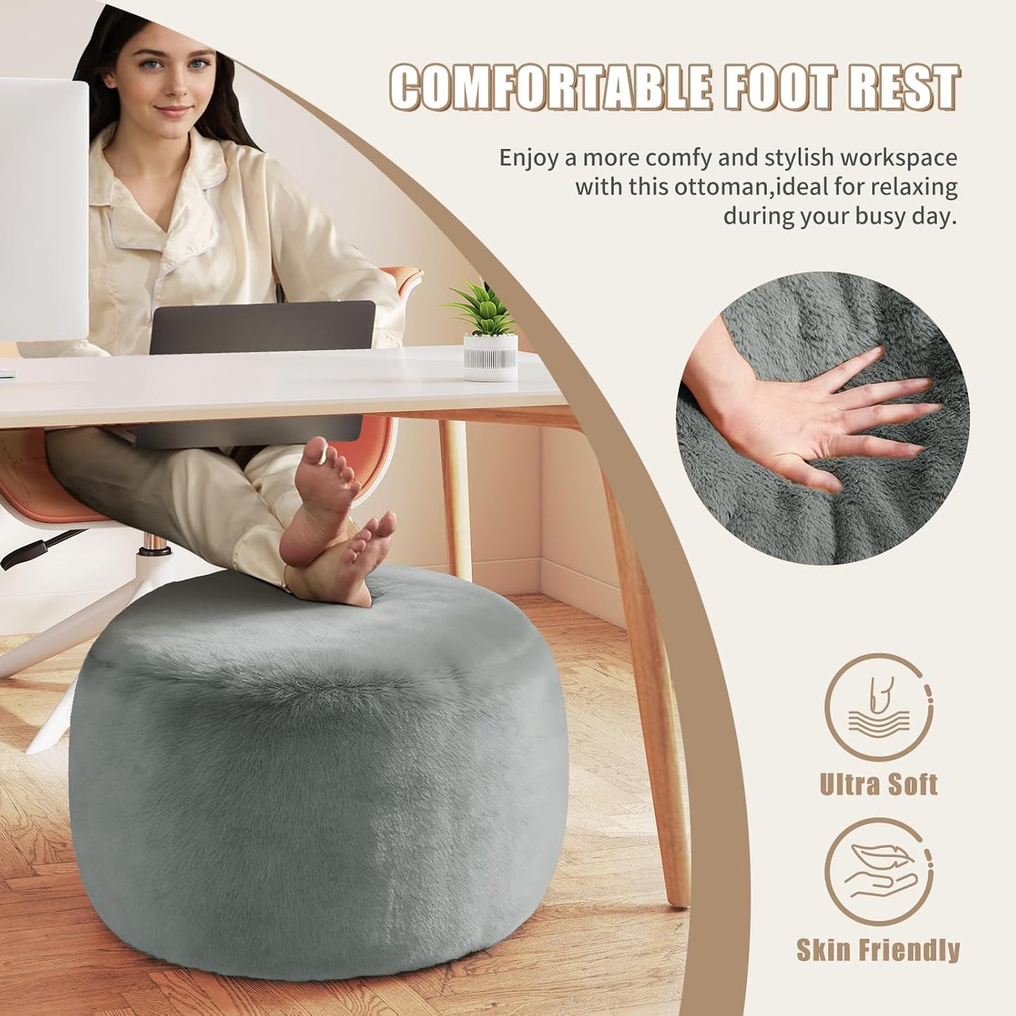 Round Stuffed Pouf Ottoman Foot Rest, Faux Fur Poufs with Memory Foam Filling, Ottomans for Living Room, Nursery, Dorm, Soft Foot Stool Ottoman for Couch, Perfect for Resting Your Feet (Grey, 20 Inch)