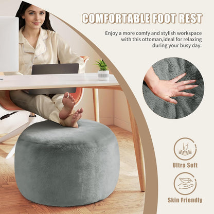 Round Stuffed Pouf Ottoman Foot Rest, Faux Fur Poufs with Memory Foam Filling, Ottomans for Living Room, Nursery, Dorm, Soft Foot Stool Ottoman for Couch, Perfect for Resting Your Feet (Grey, 20 Inch)