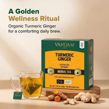 VAHDAM Organic Turmeric Ginger Herbal Tea Bags (100 Pyramid Tea Bags) Caffeine Free, Non GMO | 100% Pure Herbal Blend - Savory & Spicy, Plant-Based Teabags | Resealable Ziplock Pouch
