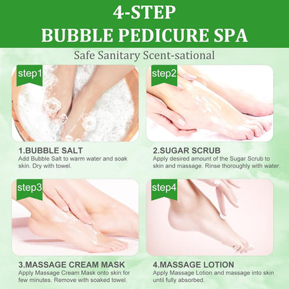 Pedicure Kit Foot Soak Set: Bubble Salt, Sugar Scrub, Massage Mask, Massage Lotion in a Box, 4 Step Foot Spa Kit for Dry Feet, Softens Calluses, Tired Feet（ Lavender) - Colors B