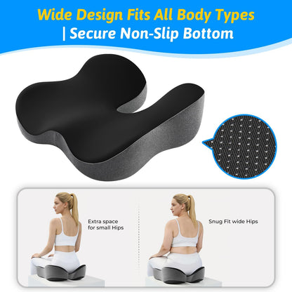 Seat Cushion for Tailbone & Sciatica Pain Relief – Certified & Ergonomist-Designed – Tapered Front Edge Reduces Thigh Pressure – Wide Memory Foam for Office Chair, Car, Wheelchair (Gray)