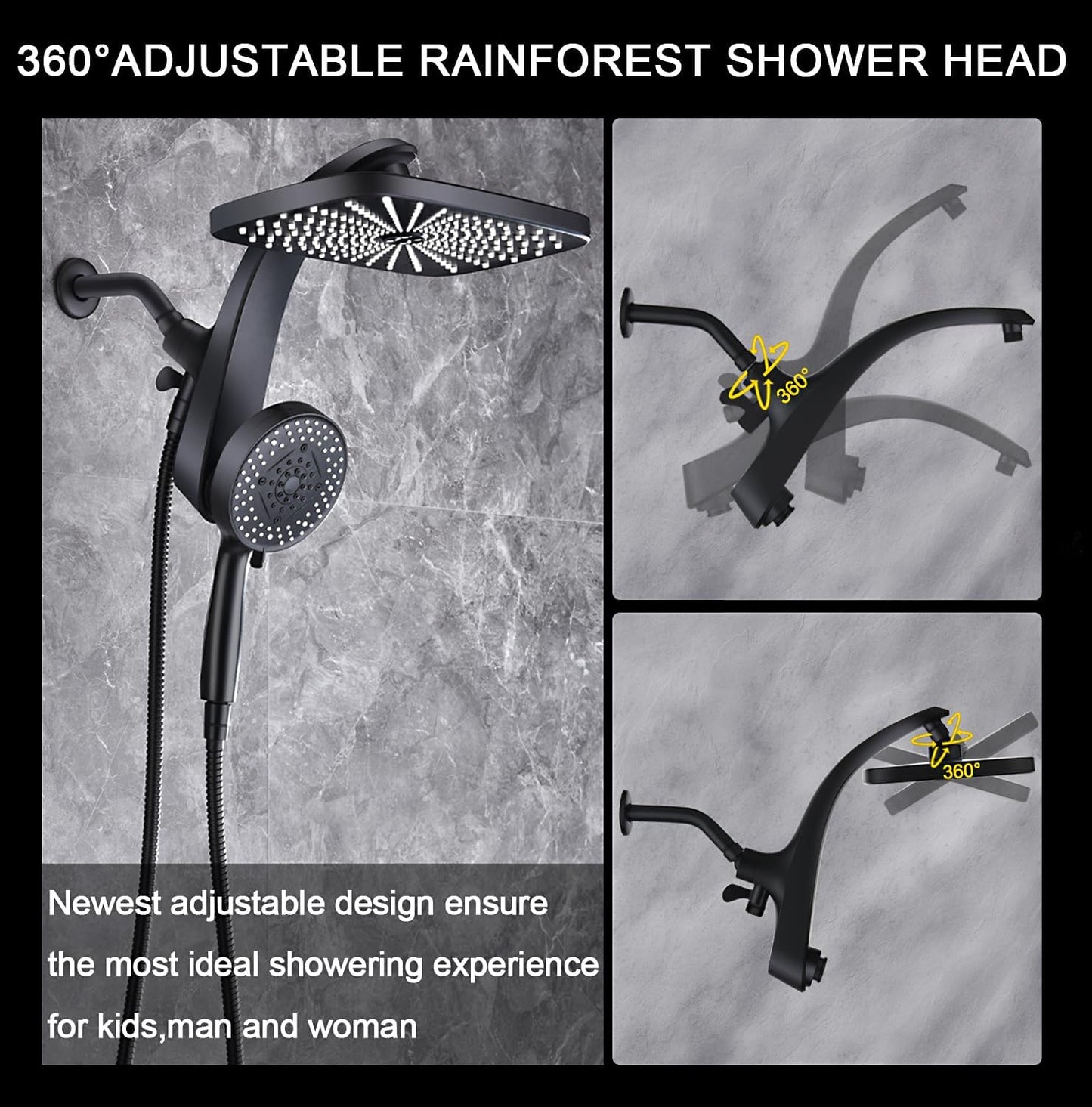 Rain Shower Head with Handheld Showerhead, Black 1.75GPM 460311