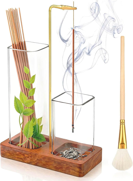 2 in 1 Upside Down Incense Holder Wooden Glass Burner Ash Catcher & Storage