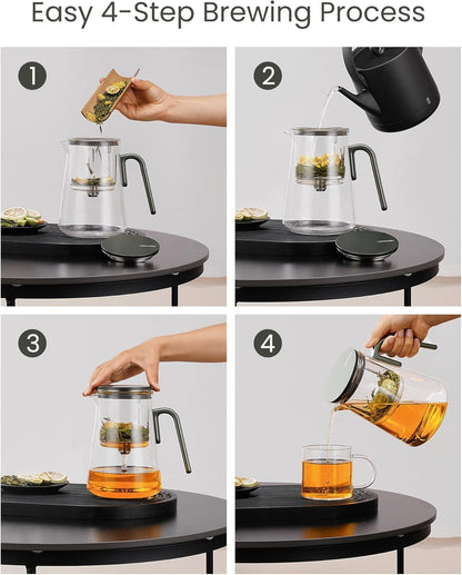 ZENS Magnetic Tea Pot, Enchanted Glass Teapot with Infuser and Magnetic Suction Lid for Mess-Free Loose Tea Diffusers, Walnut Wood Handle, Tea Lovers Gifts