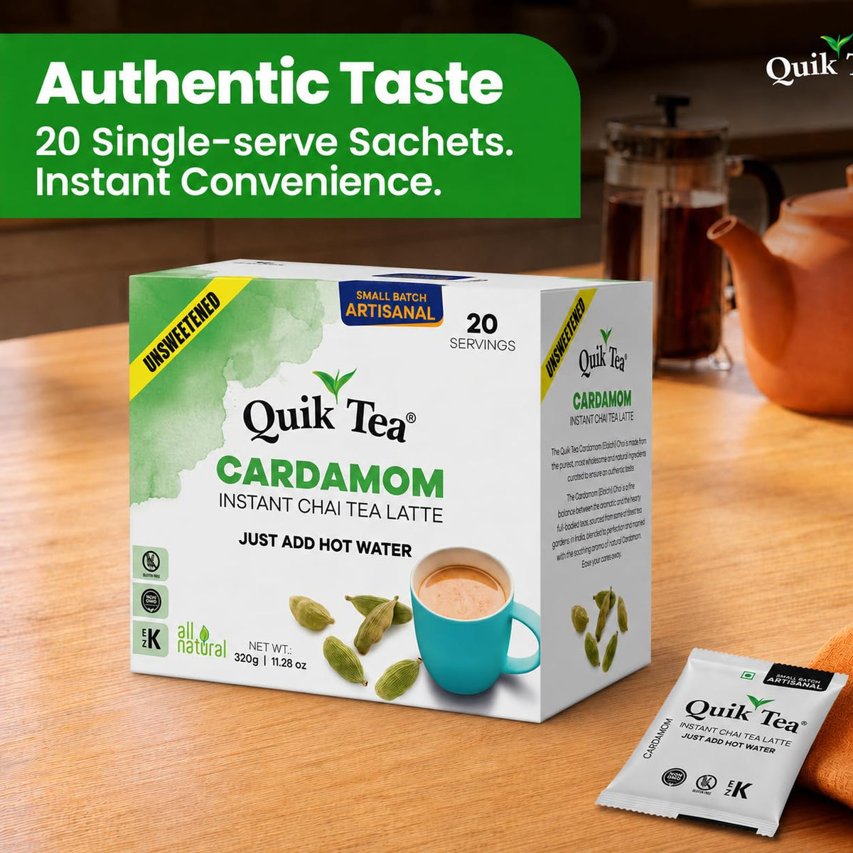QuikTea Instant Chai Tea Latte Mix, Masala, Unsweetened, 20 Sachets
