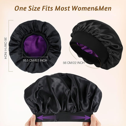 Silk Bonnet for Sleeping Double Layer Satin Bonnet Adjustable Bonnets for Black Women Sleep Cap Reversible Hair Bonnet for Curly Hair (Black and Purple)