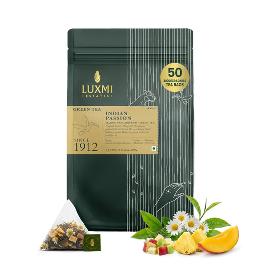 Luxmi Estates - Mango Passionfruit Darjeeling Green Tea, 50 Tea Bags (100g/3.52oz), 100% biodegradable Teabags