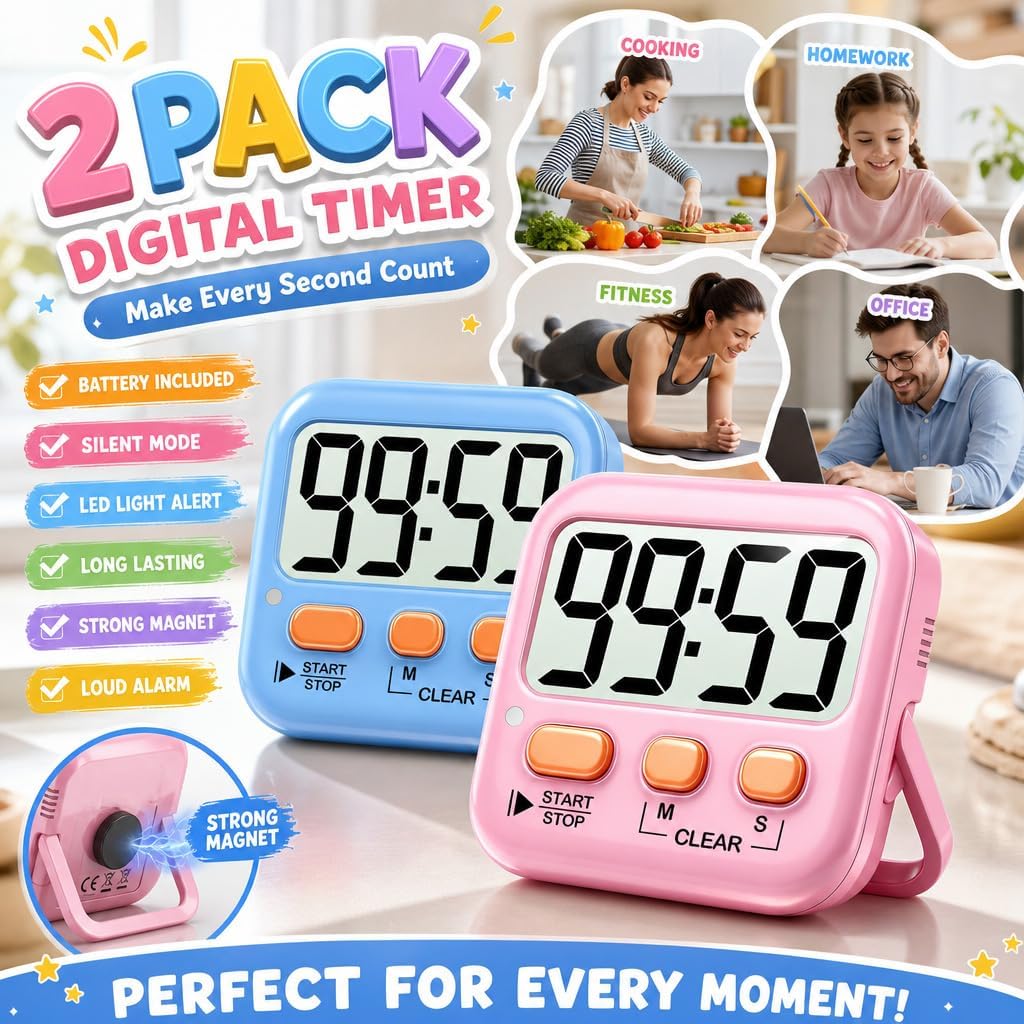 Antonki 2 Pack Digital Timer for Kids Classroom Kitchen Timers for Cooking
