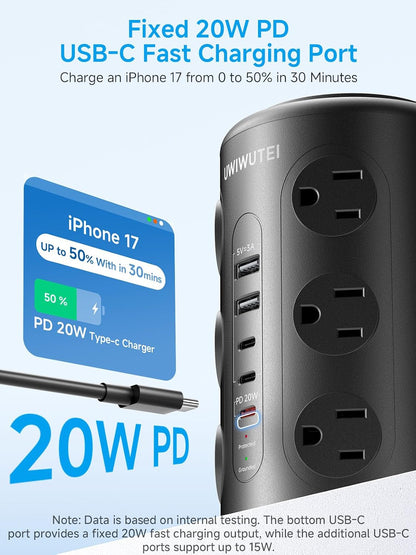 10FT Tower Power Strip with Dedicated 20W PD USB-C Port