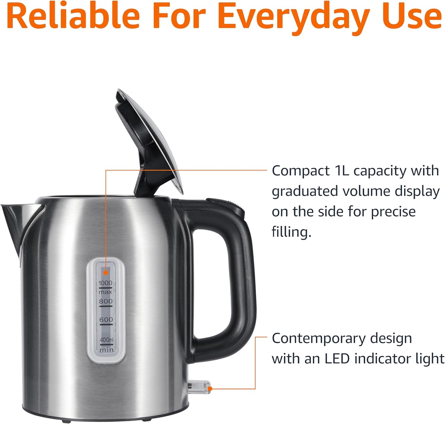 Amazon Basics Electric Kettle with Glass Carafe for Tea and Coffee, BPA-Free, Fast Boiling, Auto Shut-Off, Boil-Dry Protection, Water Level Indicator, 1.7 Liter, 1500W, Black and Silver