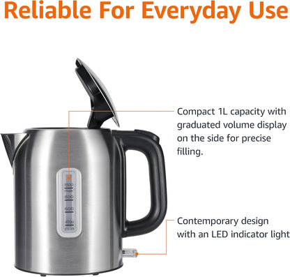 Amazon Basics Electric Kettle with Glass Carafe for Tea and Coffee, BPA-Free, Fast Boiling, Auto Shut-Off, Boil-Dry Protection, Water Level Indicator, 1.7 Liter, 1500W, Black and Silver