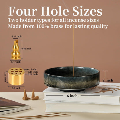 6" Ceramic Incense Holder for Sticks with 10 Holes,5in1 Handmade Flambé Glaze Incense Burner Bowl Ash Catcher for Stick,Coil,Cone,Sage,Palo Santo,Candle - Ideal for Yoga Spa Meditation Home Décor
