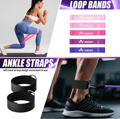 WHATAFIT Resistance Bands, Exercise Bands, Workout Bands with Handles, Door Anchor and Ankle Straps, 5 Resistance Levels Fitness Bands for Strength Training, Physical Therapy, and Home Gym Equipment
