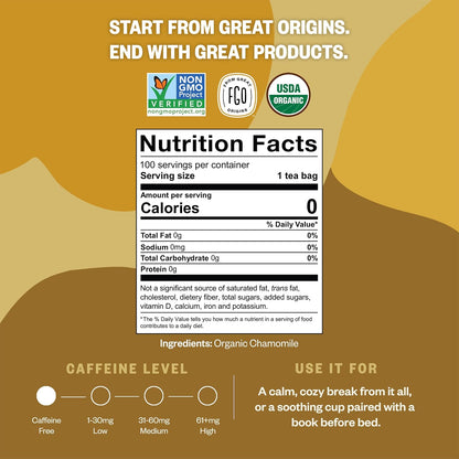 FGO Organic Chamomile Tea, 100 Count, Eco-Conscious Tea Bags, Resealable Bag, Packaging May Vary (Pack of 1)