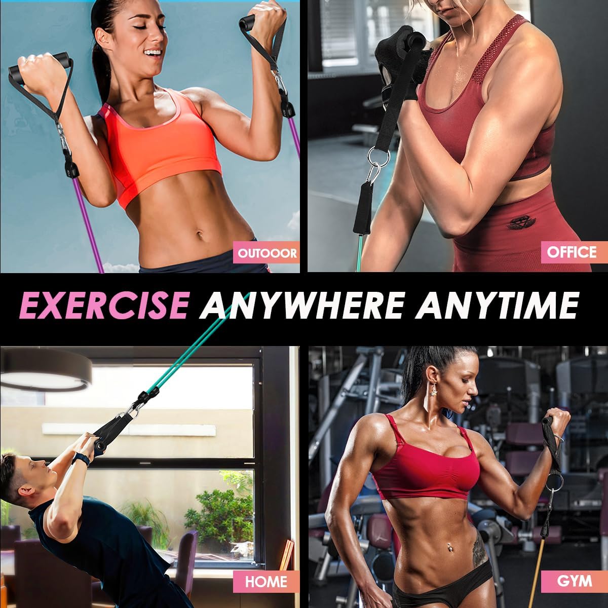 WHATAFIT Resistance Bands, Exercise Bands, Workout Bands with Handles, Door Anchor and Ankle Straps, 5 Resistance Levels Fitness Bands for Strength Training, Physical Therapy, and Home Gym Equipment