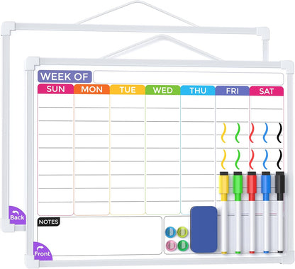MaxGear Weekly Calendar Dry Erase Board, 16" x 12" Double-Sided Whiteboard | Double-Sided Design, Portable Weekly Planner, Magnetic Surface, 5 Markers & 4 Magnets, Hanging for Drawing, Memo, to Do List