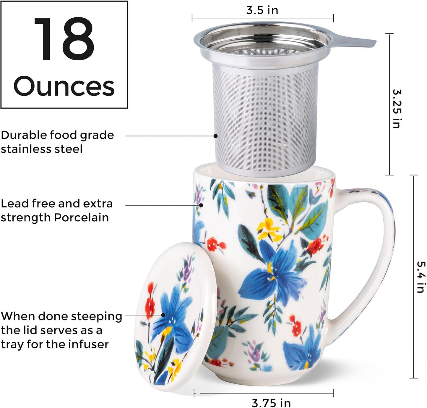 AmorArc Porcelain Tea Mug with Infuser and Lids, 18 Oz Large Cup Strainer with Bag Holder for Loose Leaf Tea, Steeping Coffee Mug for House-warming Wedding Birthday Gift