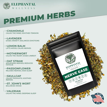 Elephantal Wellness Nerve Ease Herbal Tea | Botanical Blend with Chamomile, Passionflower, Lemon Balm, Valerian & St. John's Wort | Loose Leaf, Caffeine-Free, 2oz, 20 Servings