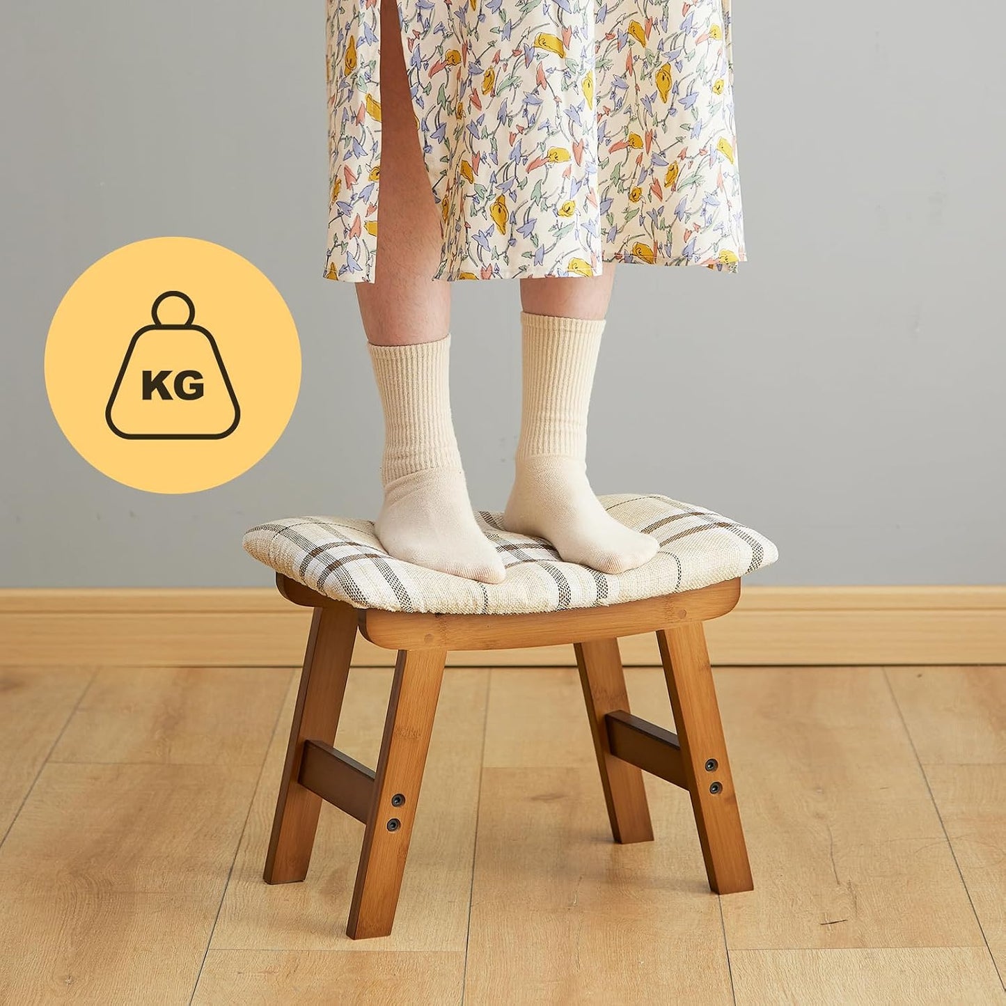 Foot Stool Ottoman Foot Rest Under Desk,Small Stool for Living Room, Bedroom and Kitchen (Brown Legs - Beige Stool Surface)