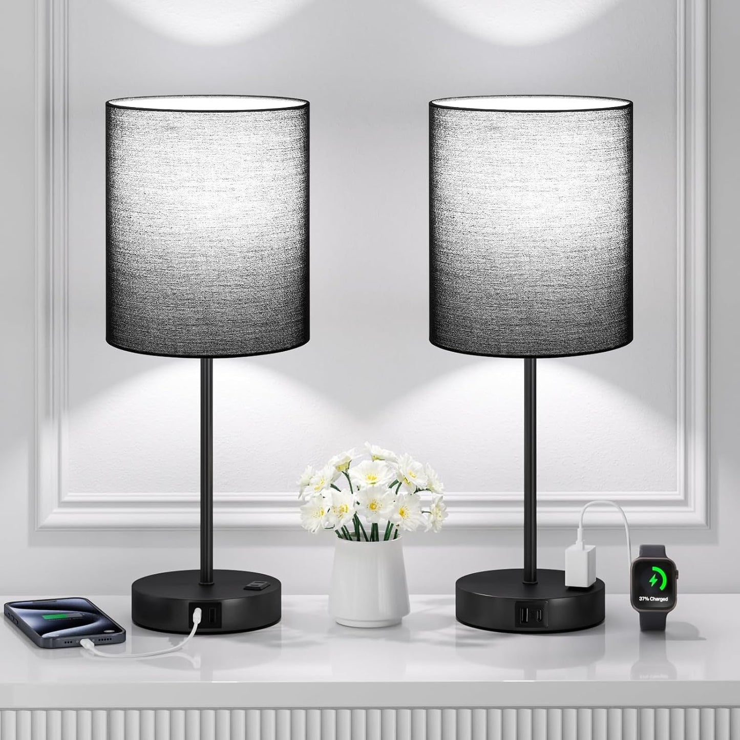 Blue Touch Lamps for Nightstand Set of 2 - Bedside Table Lamp for Bedroom with Dual USB Ports & AC Outlet, 3-Way Dimmable Lamps for Living Room Boys Room, Night Light with 5000K Daylight Bulbs