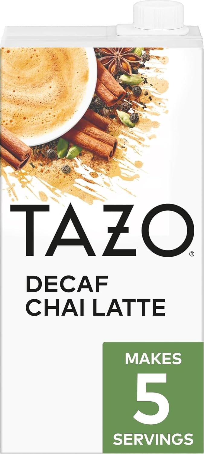 TAZO Decaf Chai Latte, Black Tea Concentrate, Easy-to-Serve Chai Tea for Everyday Lattes, Hot or Iced Tea and Mocktails, 32 oz Tea Mix Carton