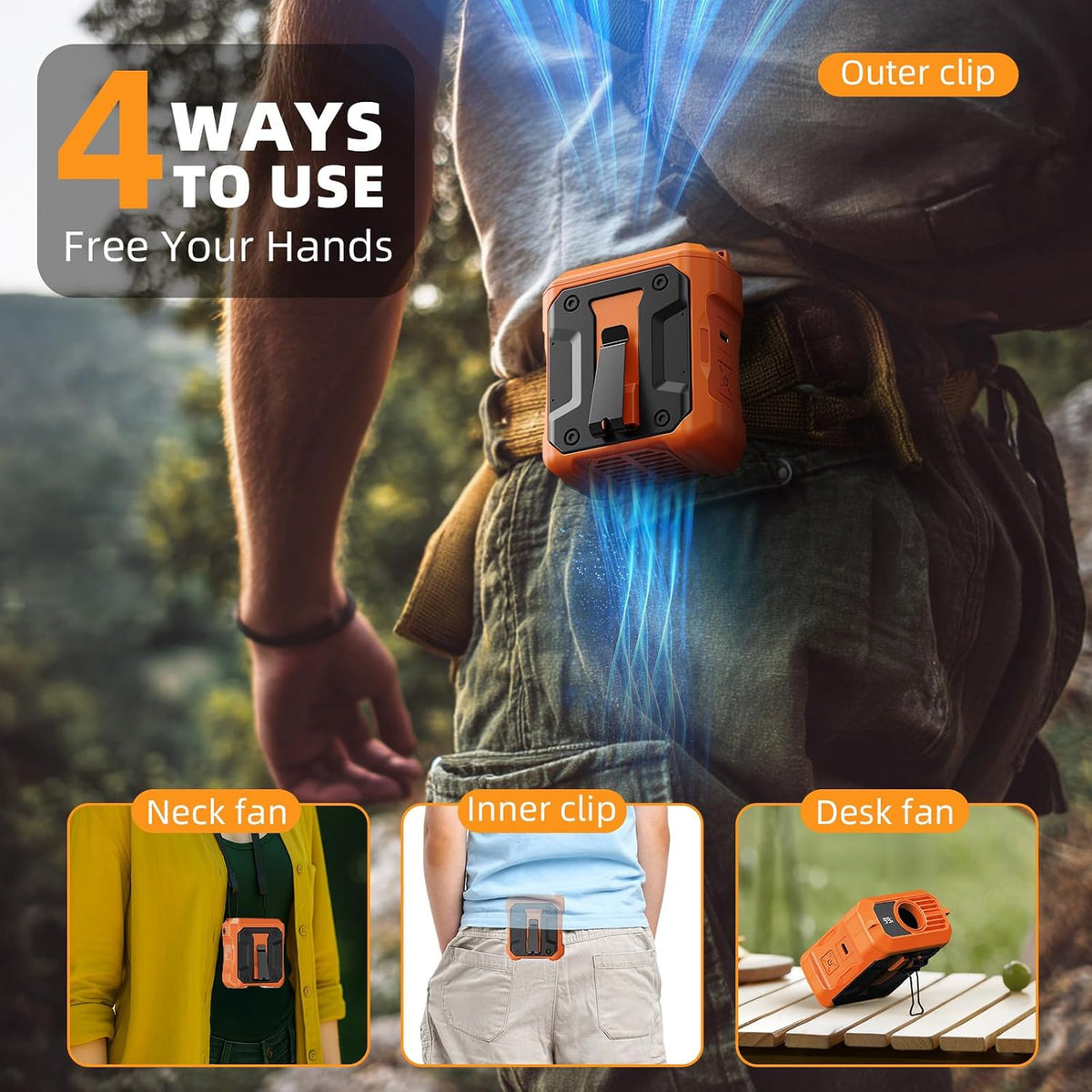 ASNUG Portable Waist Fan Rechargeable, 10000mAh Battery Powered & 45H Runtime, 10-Speed Personal Fan w/Lanyard, Flash Light, LED Display, Clip on Wearable Belt for Jogging Hiking Jobsite Warehouse